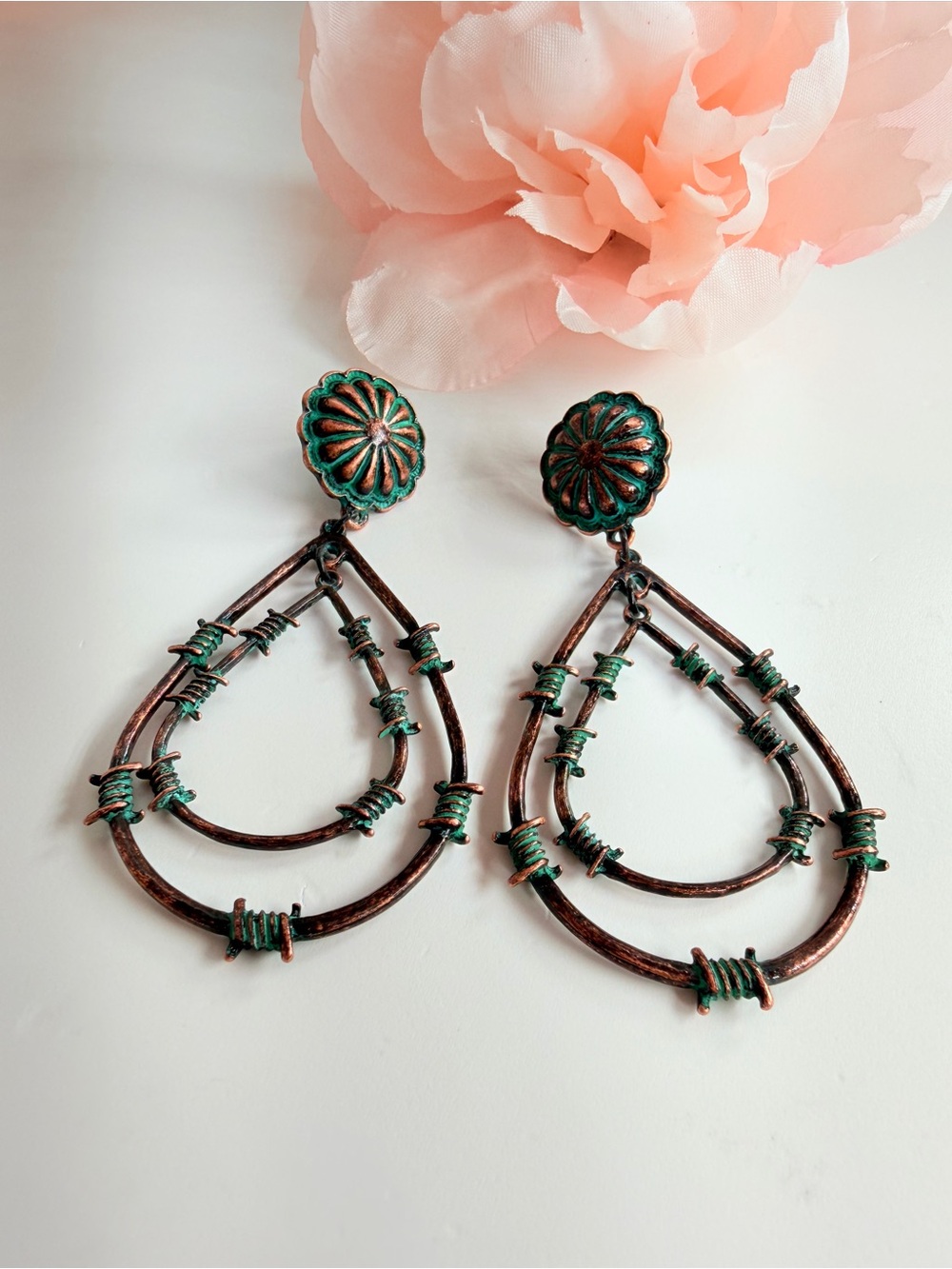 Crafted Copper Teardrop Hoop Earrings with Green Patina